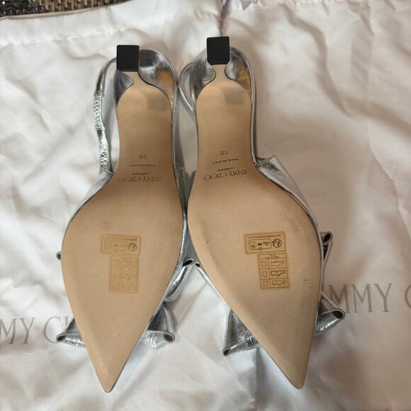Jimmy Choo Staz 70MM Bow-Embellished Leather Slingback Pumps Silver Size 38 - Picture 8 of 9